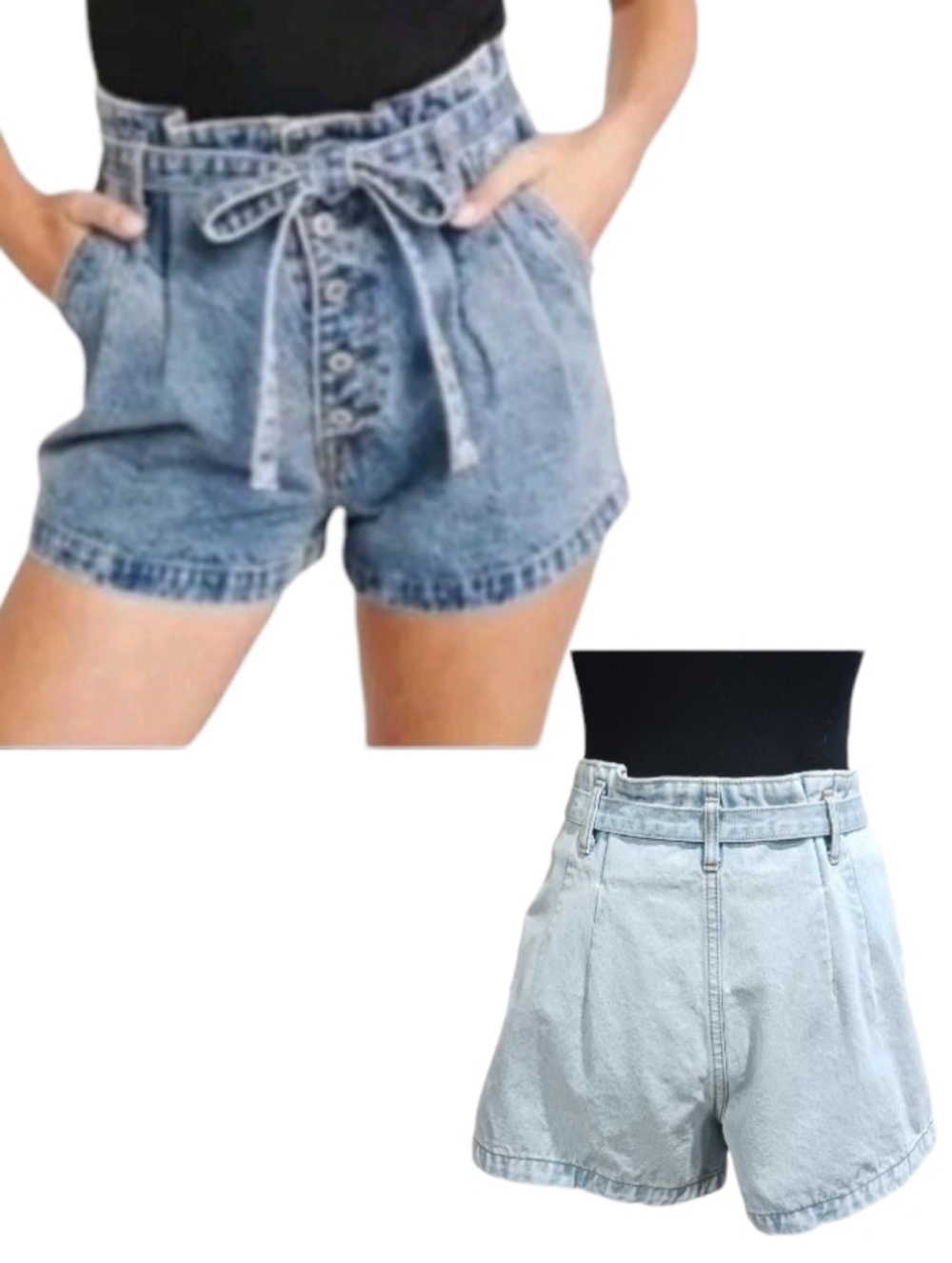 Abercrombie & Fitch Natural Rise Shorts Denim Pleat Paperbag Waist Retro Belted